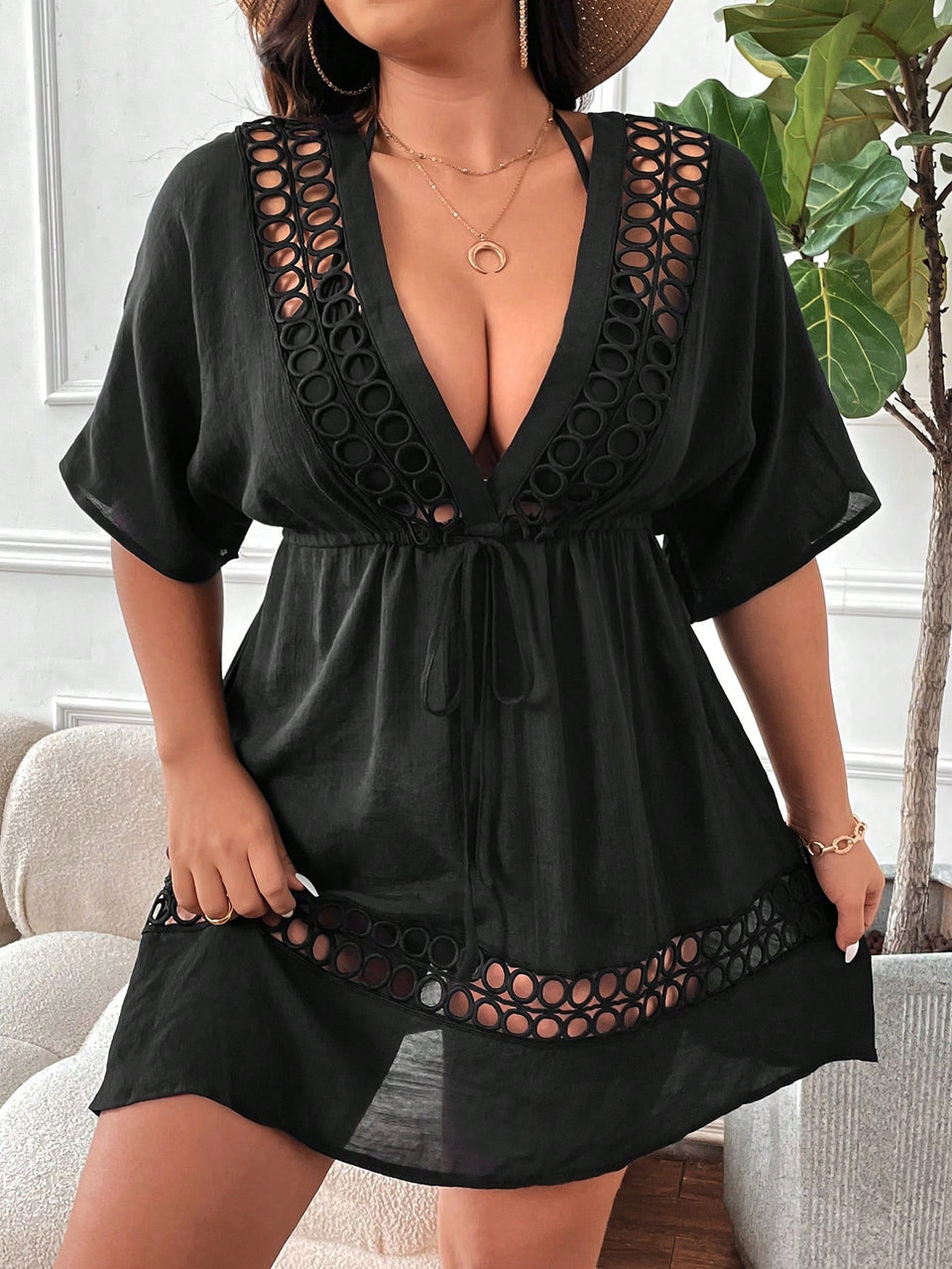 Swim Lushoire Vestido Capa em Cor Sólida com Decote V Profundo, Manga Curta Vazada, Plus Size, para Verão