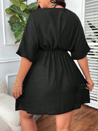 Swim Lushoire Vestido Capa em Cor Sólida com Decote V Profundo, Manga Curta Vazada, Plus Size, para Verão