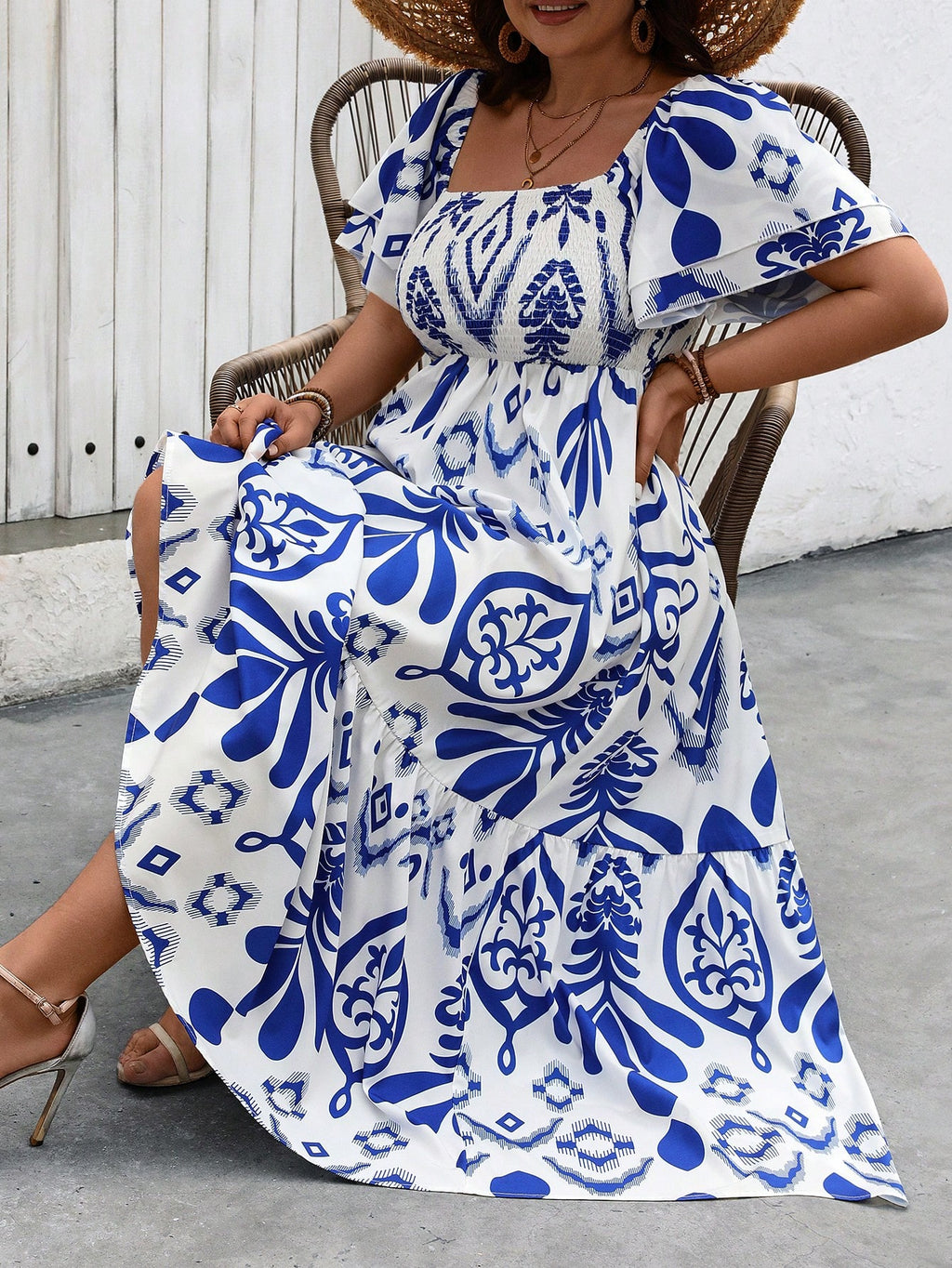 SHEIN Vestido Casual de Verão Boho Simples e Estampado para Uso Diário, Plus Size (Estampa Aleatória) Conjunto Feminino