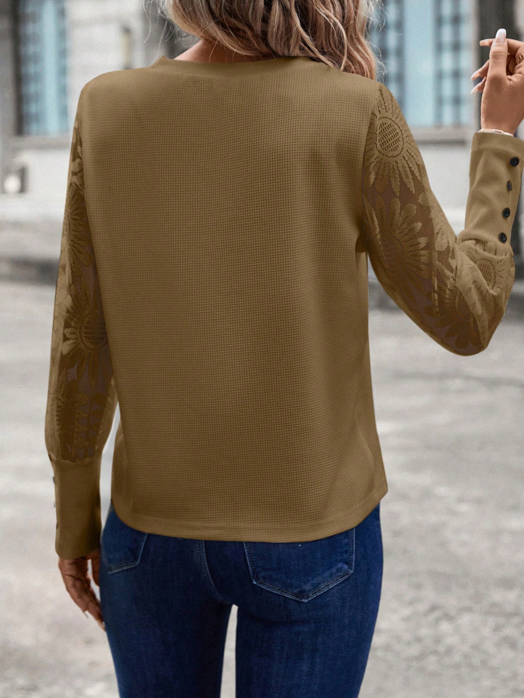 SHEIN LUNE Top Feminino Waffle Branco Com Mangas De Renda