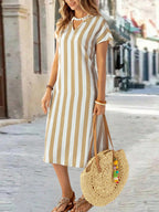 EMERY ROSE Vestido de Verão Feminino com Pescoço em V Ranhura Listras Florais com Estampa de Manga Curta