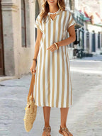 EMERY ROSE Vestido de Verão Feminino com Pescoço em V Ranhura Listras Florais com Estampa de Manga Curta