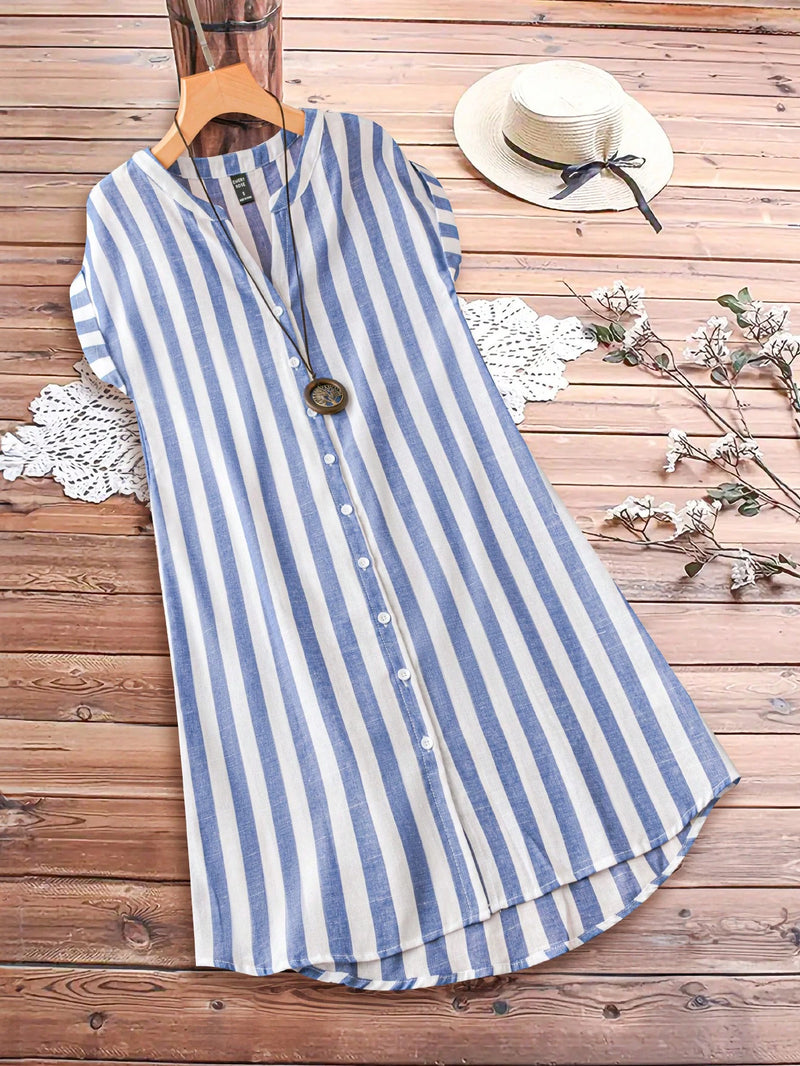 Sylviya Vestido Feminino Casual de Camisa Listrada de Manga Curta com Decote em V Verão, Até o Joelho