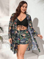 Swim Lushoire Conjunto de Maiô Bikini Plus Size Estampa Tropical de Verão, com Top Camiseta com Cordão, Short Boxer e Kimono de Manga Longa, 3 Peças