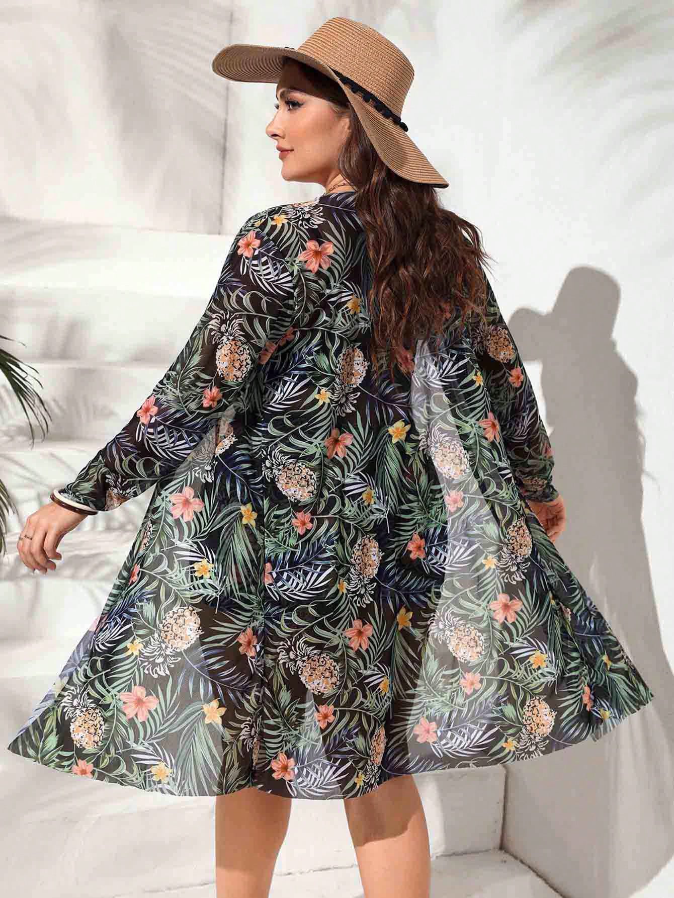 Swim Lushoire Conjunto de Maiô Bikini Plus Size Estampa Tropical de Verão, com Top Camiseta com Cordão, Short Boxer e Kimono de Manga Longa, 3 Peças