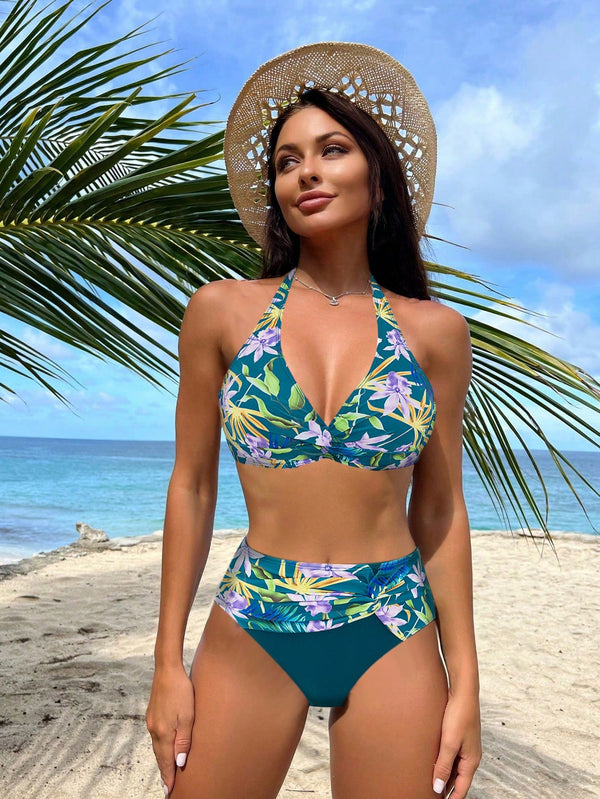 Swim Lushoire Conjunto de Maiô Bikini Estampa Floral e Vegetal para Mulheres para Férias de Verão, Praia de Verão
