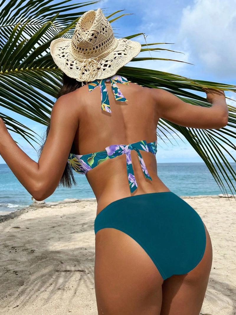 Swim Lushoire Conjunto de Maiô Bikini Estampa Floral e Vegetal para Mulheres para Férias de Verão, Praia de Verão