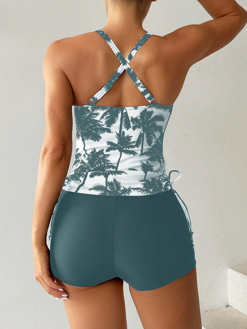 Swim Lushoire Biquíni Estilo Colete Com Estampa De Palmeira Para Mulheres - Carnaval