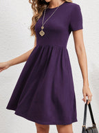 EMERY ROSE Vestido De Linha A Feminino Com Mangas Curtas, Decote Arredondado E Cor Sólida De Verão Fashion