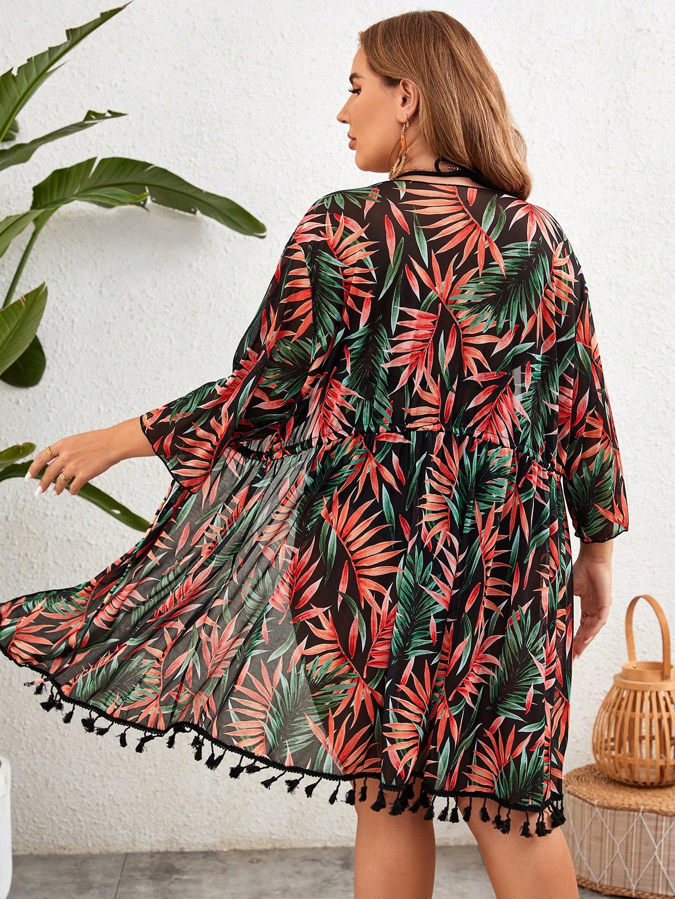 Swim Lushoire Kimono com Manga Longa e Estampa de Folhas de Árvore, Estilo de Férias para Mulheres Plus Size, Verão