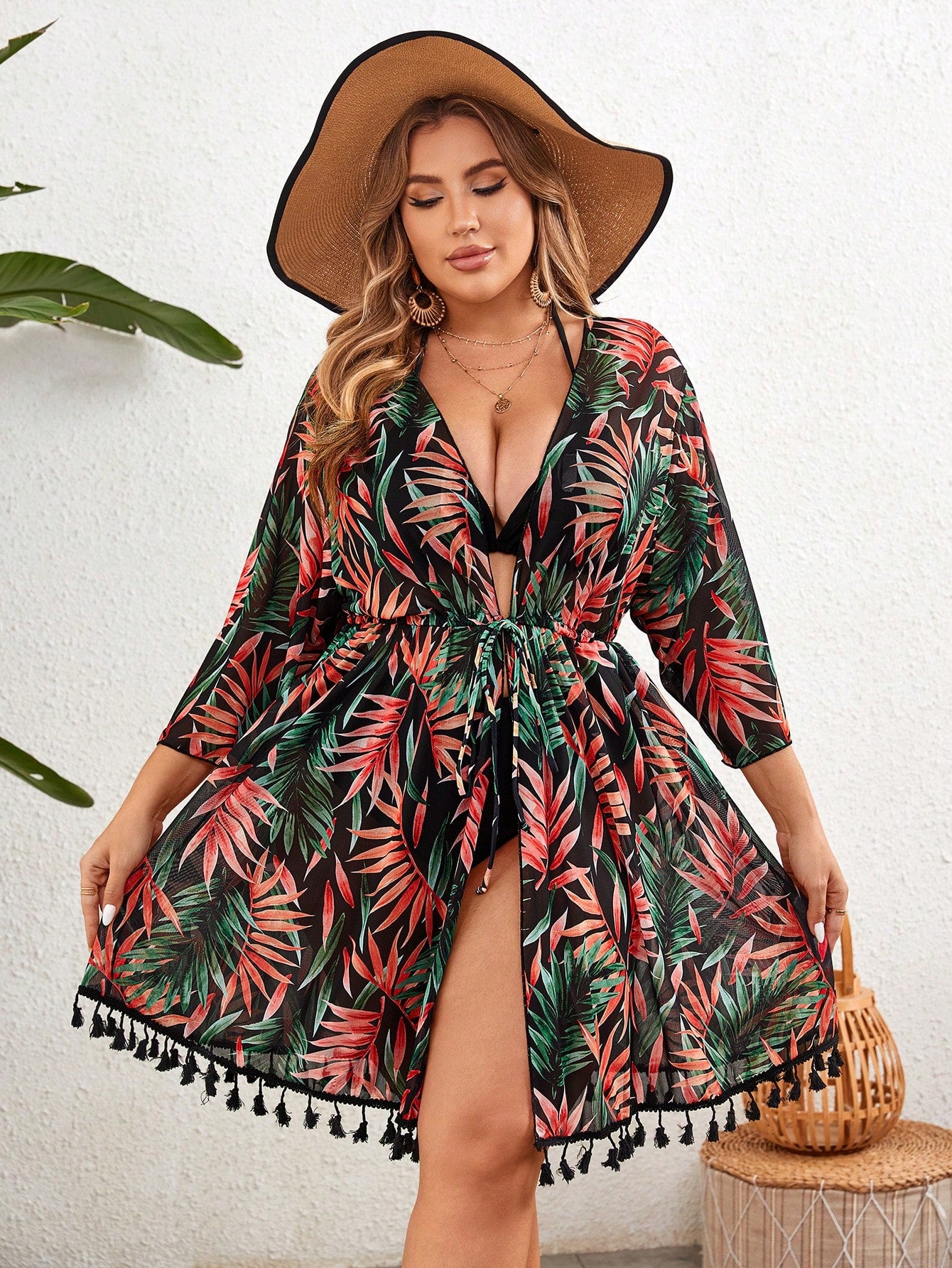 Swim Lushoire Kimono com Manga Longa e Estampa de Folhas de Árvore, Estilo de Férias para Mulheres Plus Size, Verão