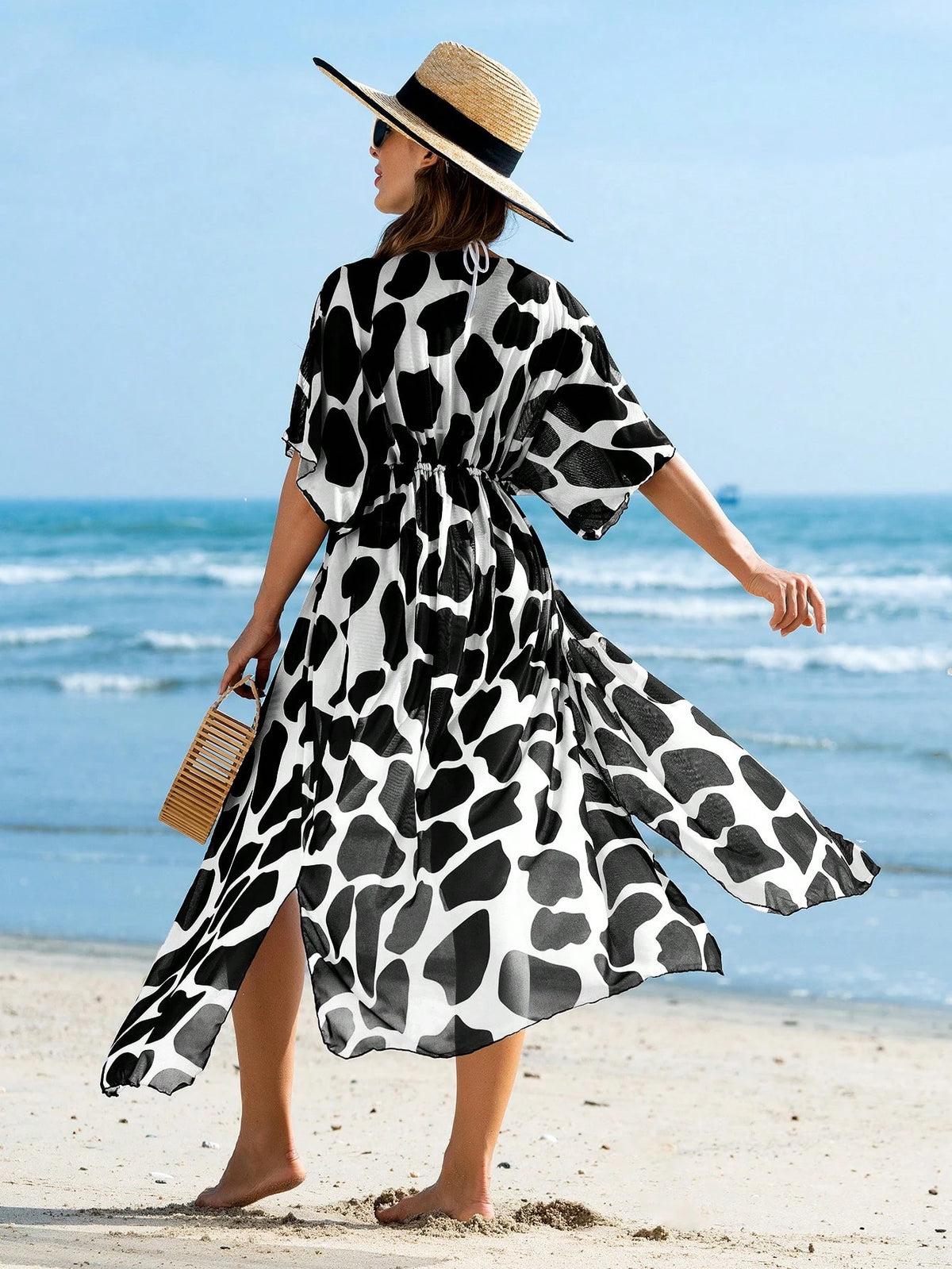 Swim Lushoire Verão Praia Férias Lazer Kimono com Cintura Cordão em Malha Transparente