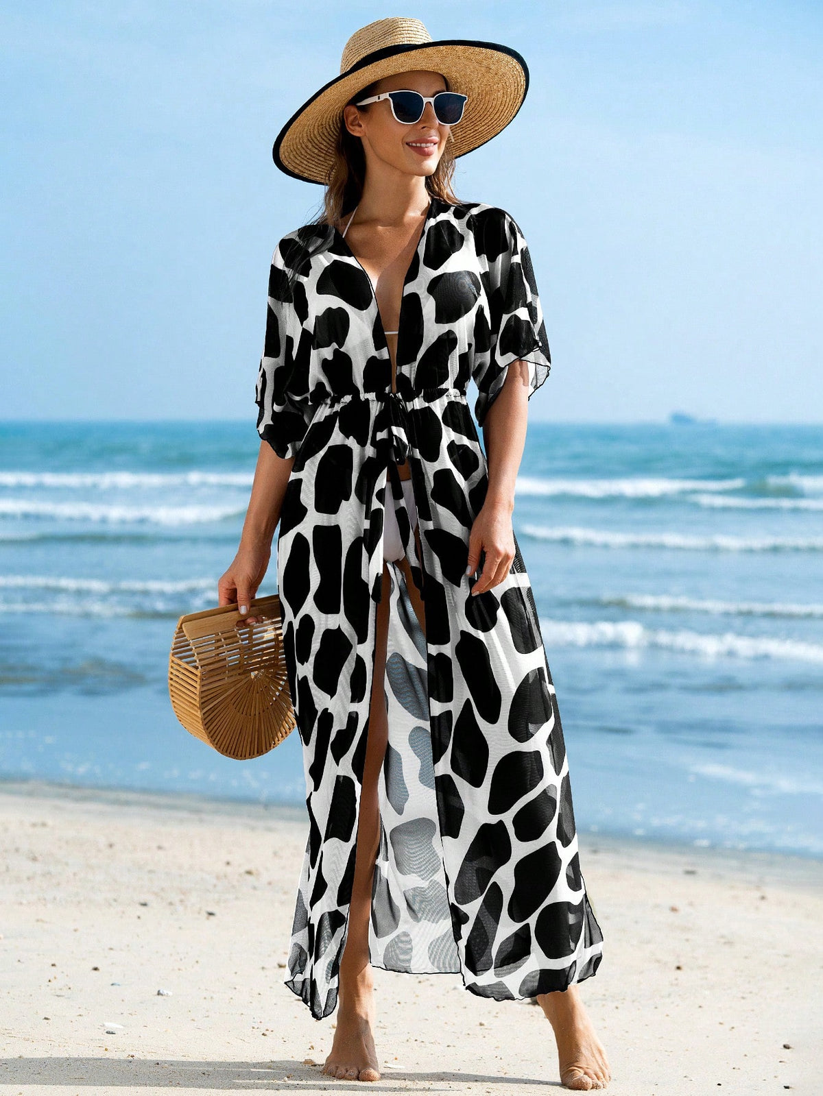 Swim Lushoire Verão Praia Férias Lazer Kimono com Cintura Cordão em Malha Transparente