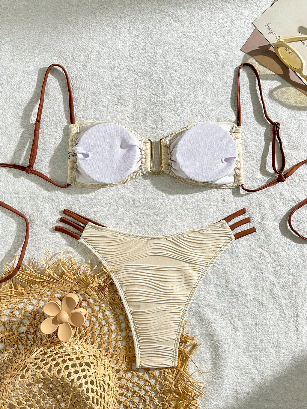 Bonvoyette Conjunto de Maiô Bikini Sensual com Franzidos de Cor Sólida para Praia Feminino de Verão