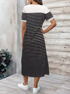 EMERY ROSE Vestido Longo Feminino de Verão com Gola Redonda, Estampa Listrada, Manga Curta e Fenda