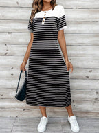 EMERY ROSE Vestido Longo Feminino de Verão com Gola Redonda, Estampa Listrada, Manga Curta e Fenda