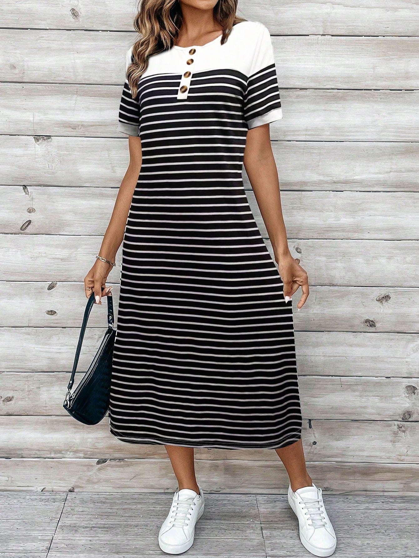 EMERY ROSE Vestido Longo Feminino de Verão com Gola Redonda, Estampa Listrada, Manga Curta e Fenda