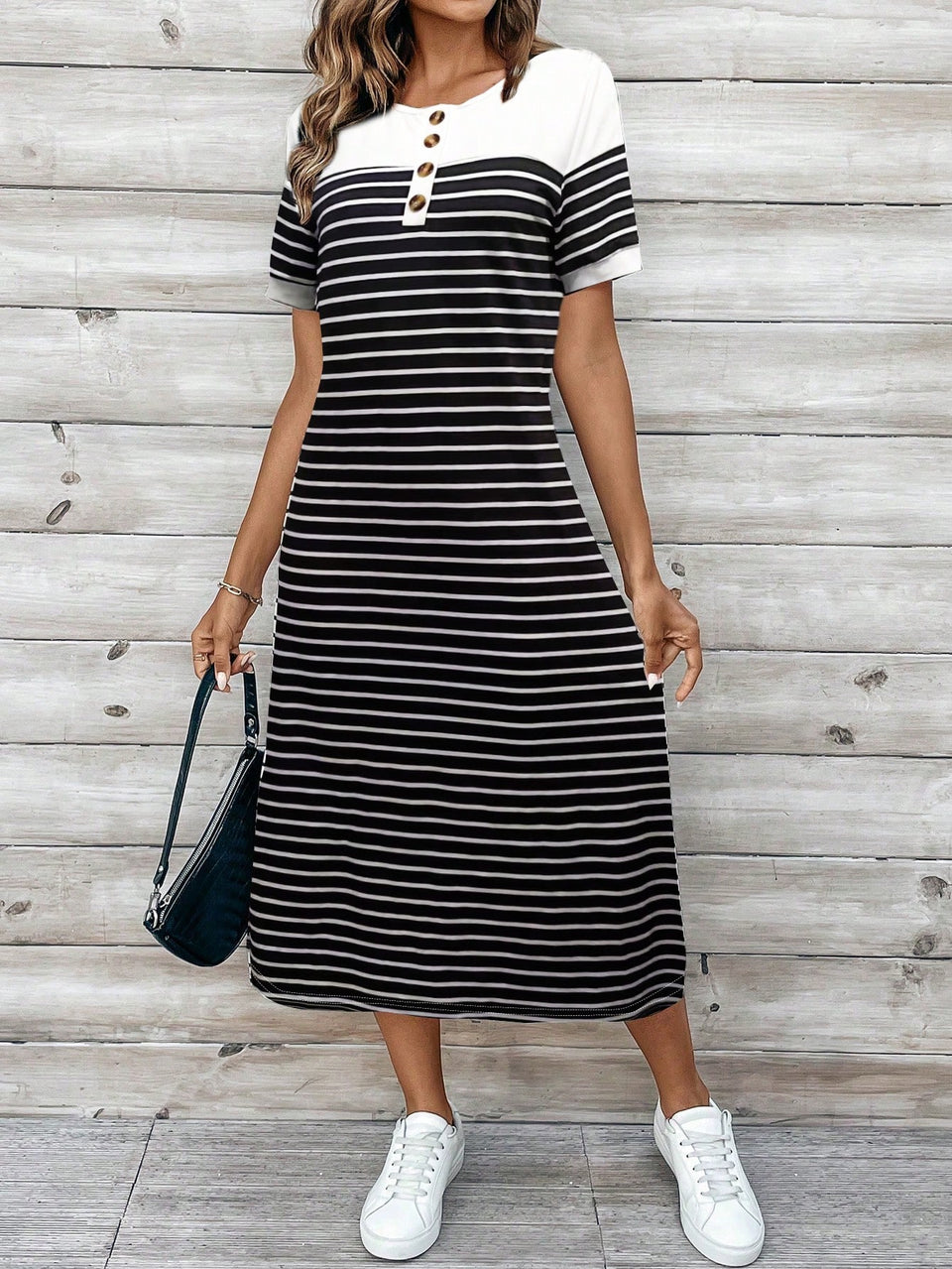 EMERY ROSE Vestido Longo Feminino de Verão com Gola Redonda, Estampa Listrada, Manga Curta e Fenda