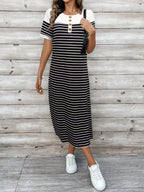 EMERY ROSE Vestido Longo Feminino de Verão com Gola Redonda, Estampa Listrada, Manga Curta e Fenda