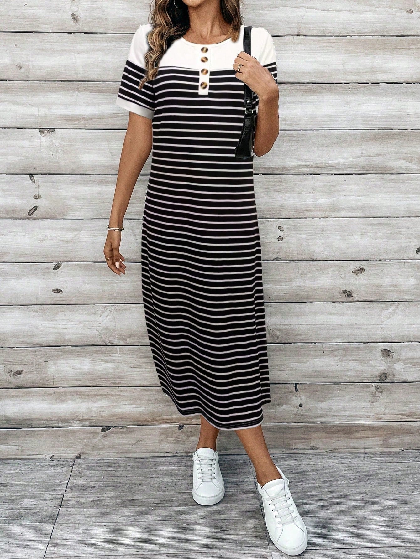 EMERY ROSE Vestido Longo Feminino de Verão com Gola Redonda, Estampa Listrada, Manga Curta e Fenda