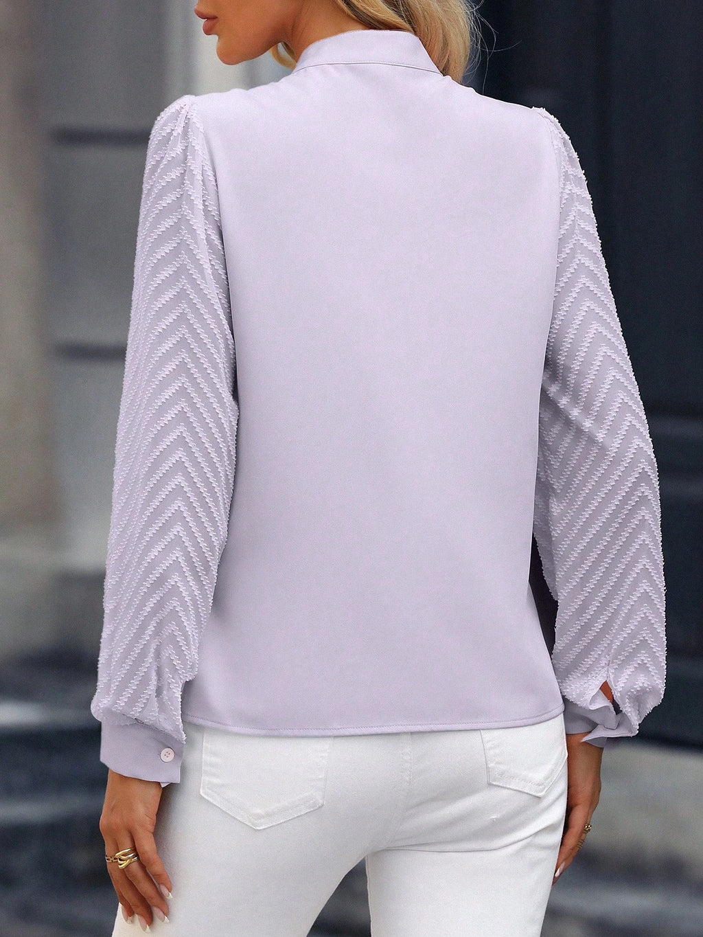 EMERY ROSE Blusa com Manga Bispo de Pescoço Entalhado Sólido, Tops de Manga Longa