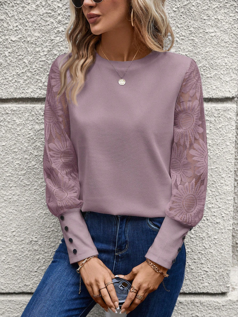 SHEIN LUNE Top Feminino Waffle Branco Com Mangas De Renda