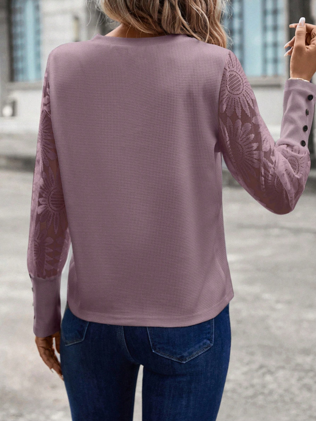 SHEIN LUNE Top Feminino Waffle Branco Com Mangas De Renda