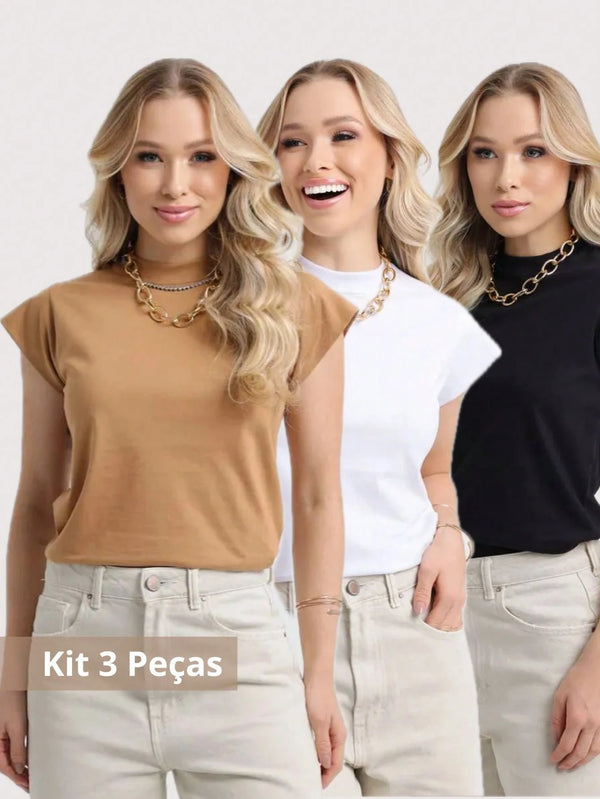 Vendedor Indicadokit 3 T Shirt Muscle tee blusa gola alta feminina manga curta camiseta básica lisa preta branca nude