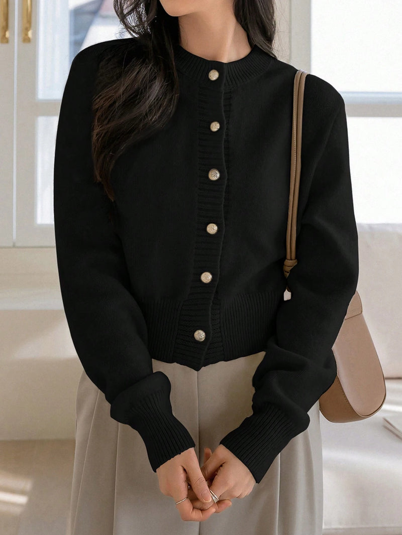 Dazy-Less Cardigan de Botão Sólido, Casual de Primavera/Outono para Mulheres, Botões Regulares, Manga Regular, Gola Redonda, Ajuste Regular, Bege Liso, Cardigãs Femininos de Uso Diário Casual, Dinheiro Antigo