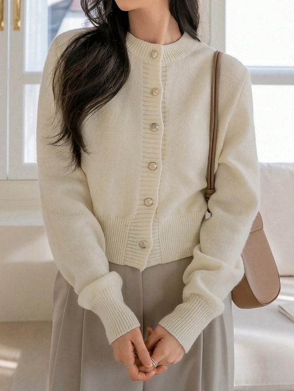 Dazy-Less Cardigan de Botão Sólido, Casual de Primavera/Outono para Mulheres, Botões Regulares, Manga Regular, Gola Redonda, Ajuste Regular, Bege Liso, Cardigãs Femininos de Uso Diário Casual, Dinheiro Antigo