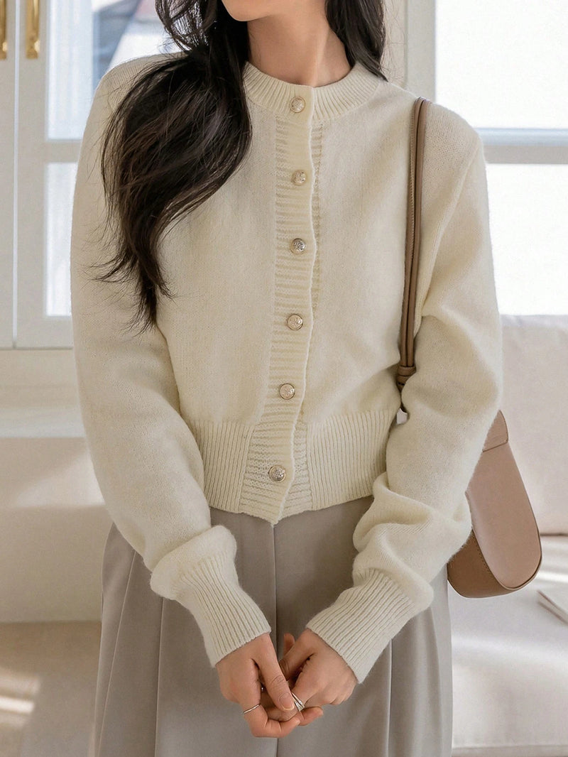 Dazy-Less Cardigan de Botão Sólido, Casual de Primavera/Outono para Mulheres, Botões Regulares, Manga Regular, Gola Redonda, Ajuste Regular, Bege Liso, Cardigãs Femininos de Uso Diário Casual, Dinheiro Antigo