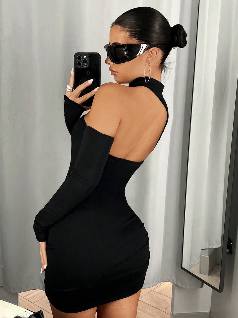 SHEIN ICON Vestido Bodycon De Cintura Com Cordão De Gola Assimétrica De Cor Sólida