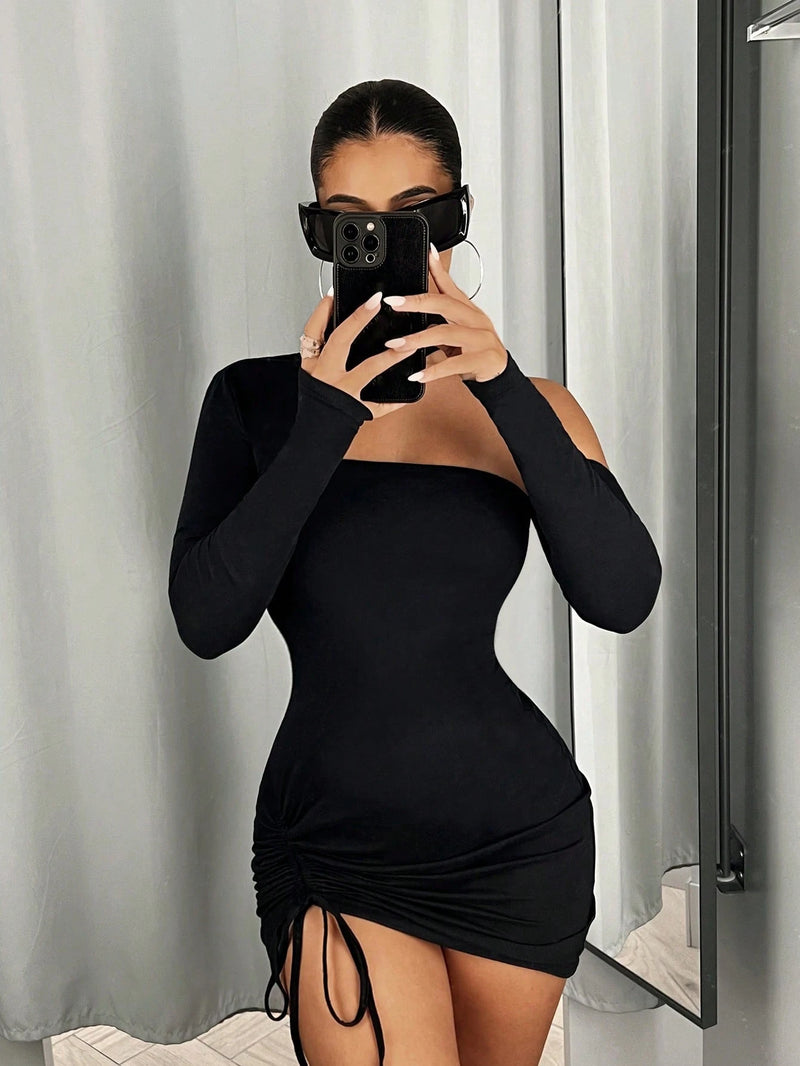SHEIN ICON Vestido Bodycon De Cintura Com Cordão De Gola Assimétrica De Cor Sólida