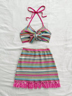 Soleia Conjunto de top curto com decote halter e costas nuas colorido e saia mini com franjas para mulheres, 
