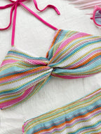 Soleia Conjunto de top curto com decote halter e costas nuas colorido e saia mini com franjas para mulheres, 