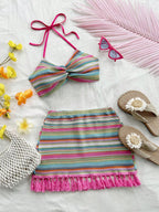 Soleia Conjunto de top curto com decote halter e costas nuas colorido e saia mini com franjas para mulheres, 