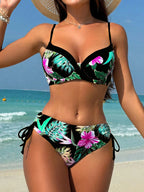 Swim Lushoire Conjunto de Maiô Feminino 2 Peças, Estampa Floral Azul & Branca, Com Aro, Alça Fina, Costas Abertas, Calcinha Cintura Alta com Design de Amarração Lateral, Adequado para Praia, Festa, Férias Casuais