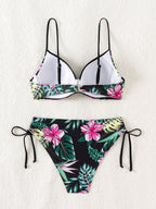 Swim Lushoire Conjunto de Maiô Feminino 2 Peças, Estampa Floral Azul & Branca, Com Aro, Alça Fina, Costas Abertas, Calcinha Cintura Alta com Design de Amarração Lateral, Adequado para Praia, Festa, Férias Casuais