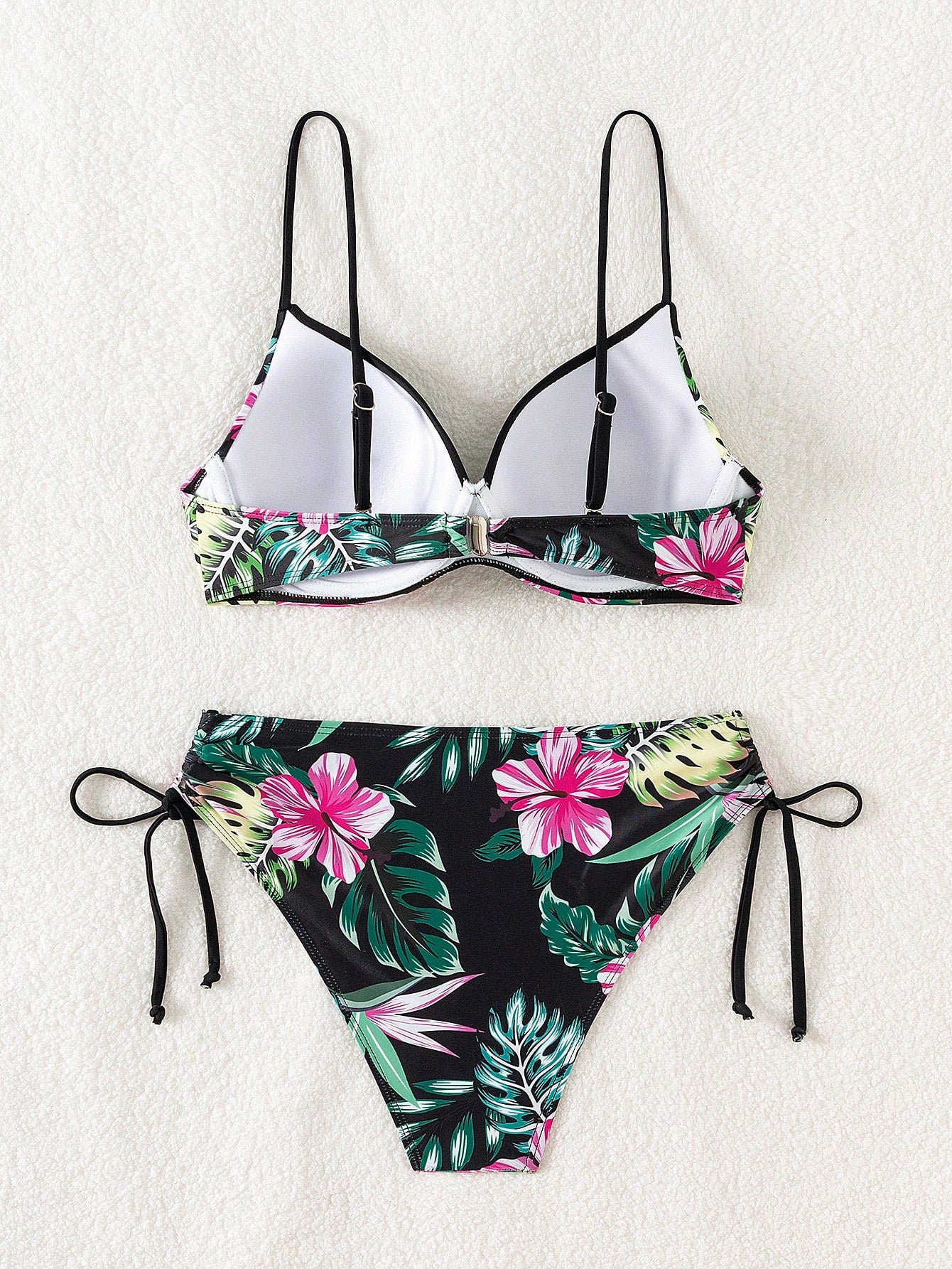 Swim Lushoire Conjunto de Maiô Feminino 2 Peças, Estampa Floral Azul & Branca, Com Aro, Alça Fina, Costas Abertas, Calcinha Cintura Alta com Design de Amarração Lateral, Adequado para Praia, Festa, Férias Casuais