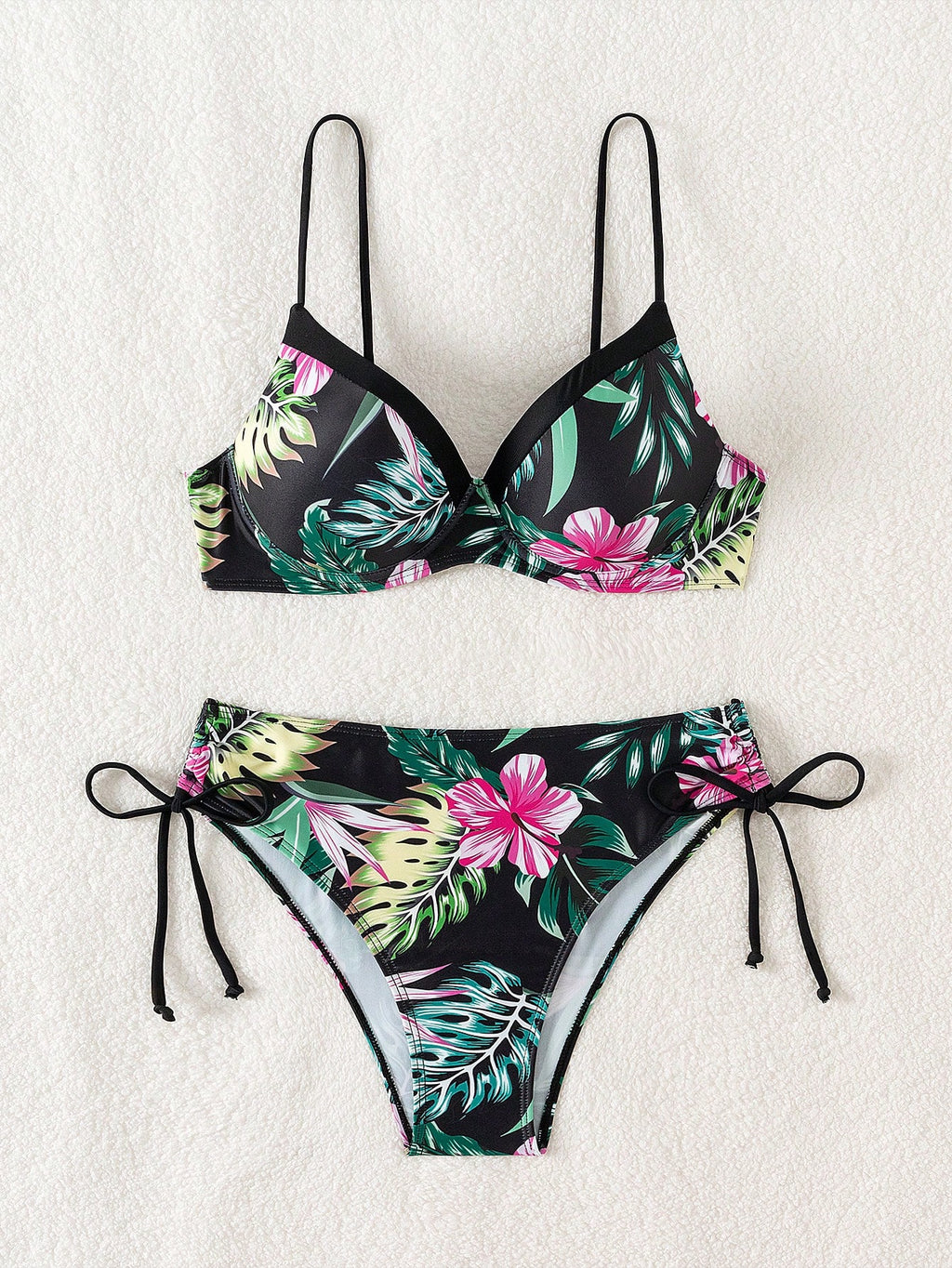 Swim Lushoire Conjunto de Maiô Feminino 2 Peças, Estampa Floral Azul & Branca, Com Aro, Alça Fina, Costas Abertas, Calcinha Cintura Alta com Design de Amarração Lateral, Adequado para Praia, Festa, Férias Casuais