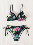 Swim Lushoire Conjunto de Maiô Feminino 2 Peças, Estampa Floral Azul & Branca, Com Aro, Alça Fina, Costas Abertas, Calcinha Cintura Alta com Design de Amarração Lateral, Adequado para Praia, Festa, Férias Casuais