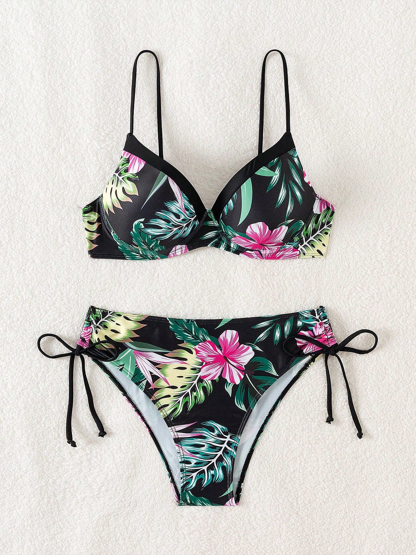 Swim Lushoire Conjunto de Maiô Feminino 2 Peças, Estampa Floral Azul & Branca, Com Aro, Alça Fina, Costas Abertas, Calcinha Cintura Alta com Design de Amarração Lateral, Adequado para Praia, Festa, Férias Casuais