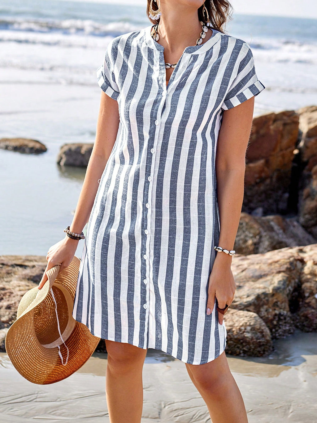 Sylviya Vestido Feminino Casual de Camisa Listrada de Manga Curta com Decote em V Verão, Até o Joelho