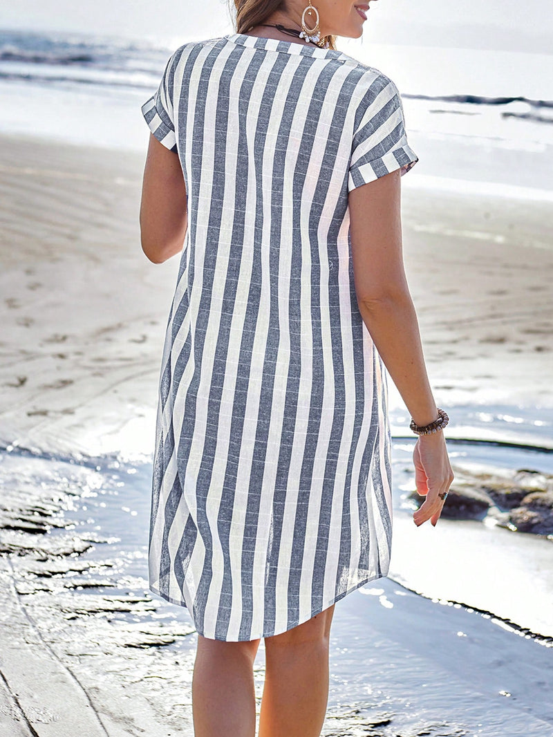Sylviya Vestido Feminino Casual de Camisa Listrada de Manga Curta com Decote em V Verão, Até o Joelho