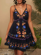 Travachic Vestido feminino de verão com estampa floral, decote em V profundo, alças finas e bainha com babados