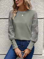 SHEIN LUNE Top Feminino Waffle Branco Com Mangas De Renda