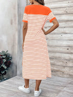 EMERY ROSE Vestido Longo Feminino de Verão com Gola Redonda, Estampa Listrada, Manga Curta e Fenda