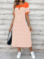 EMERY ROSE Vestido Longo Feminino de Verão com Gola Redonda, Estampa Listrada, Manga Curta e Fenda