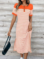 EMERY ROSE Vestido Longo Feminino de Verão com Gola Redonda, Estampa Listrada, Manga Curta e Fenda