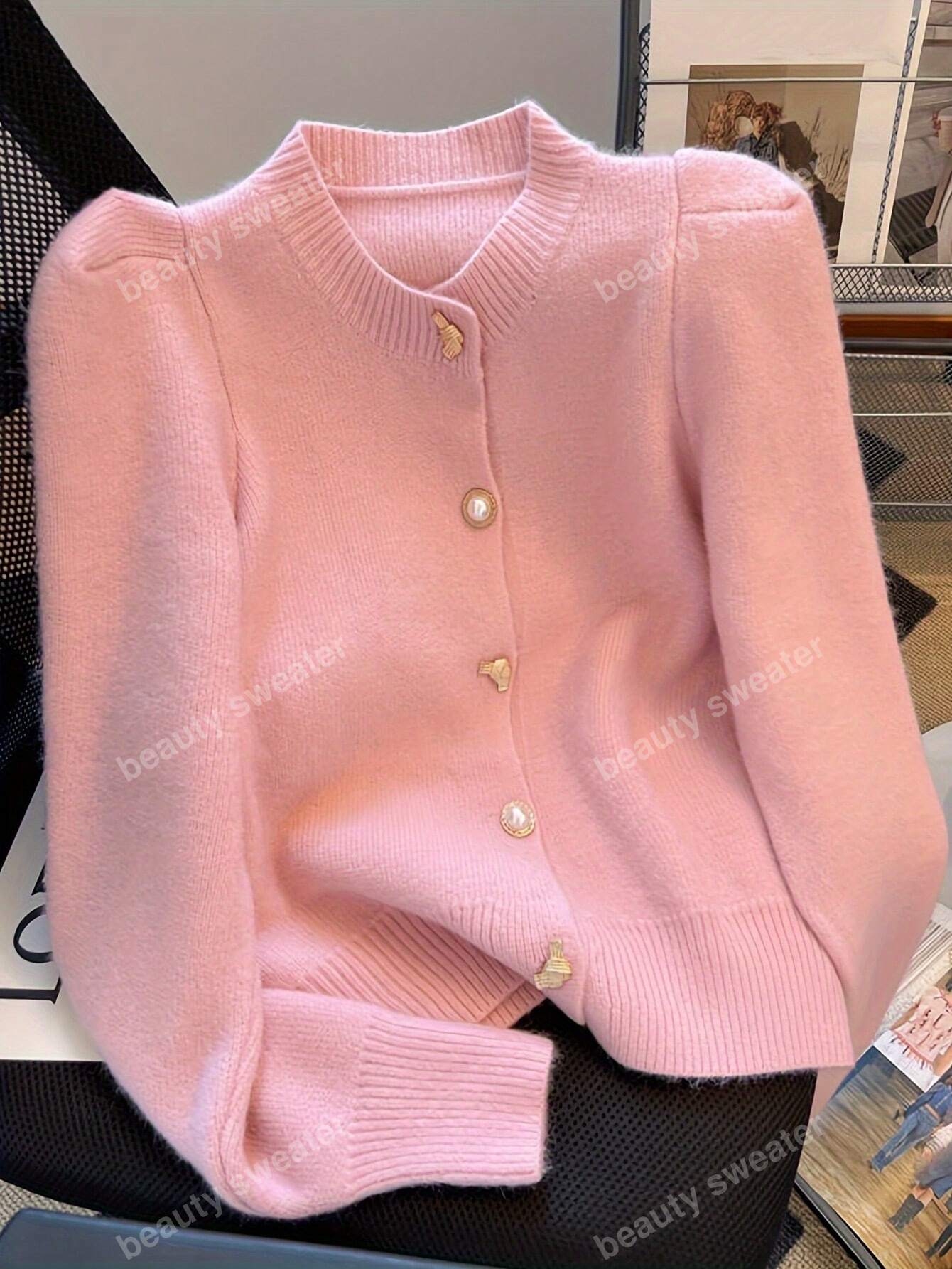 Casaco de Tricô Volumoso, Oversized, para Mulheres, Mangas Bufantes, Fit Solto para Primavera e Outono, Blusas de Manga Longa